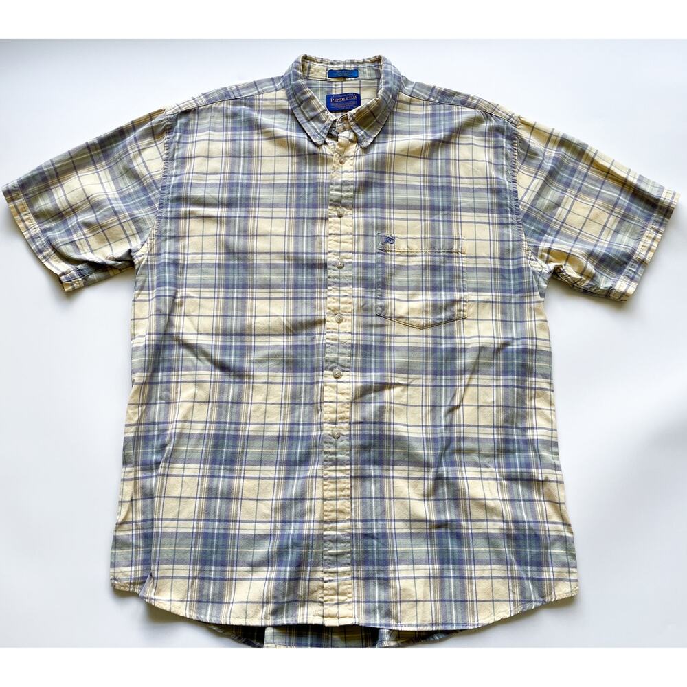 Men's Pendleton Short Sleeve Yellow, Green, and Blue Plaid Button Down Shirt XL